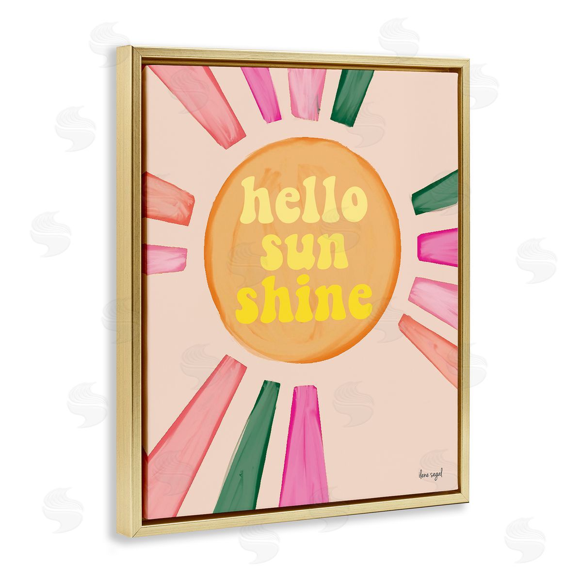 Ilene Segal Hello Sunshine Groovy Text Pink Green Sun Rays Gold Floating Frame Canvas Wall Art Print