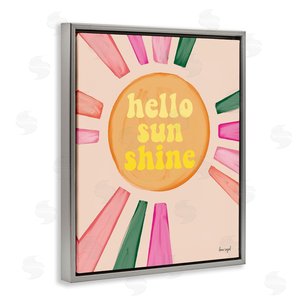 Ilene Segal Hello Sunshine Groovy Text Pink Green Sun Rays Gray Floating Frame Canvas Wall Art Print