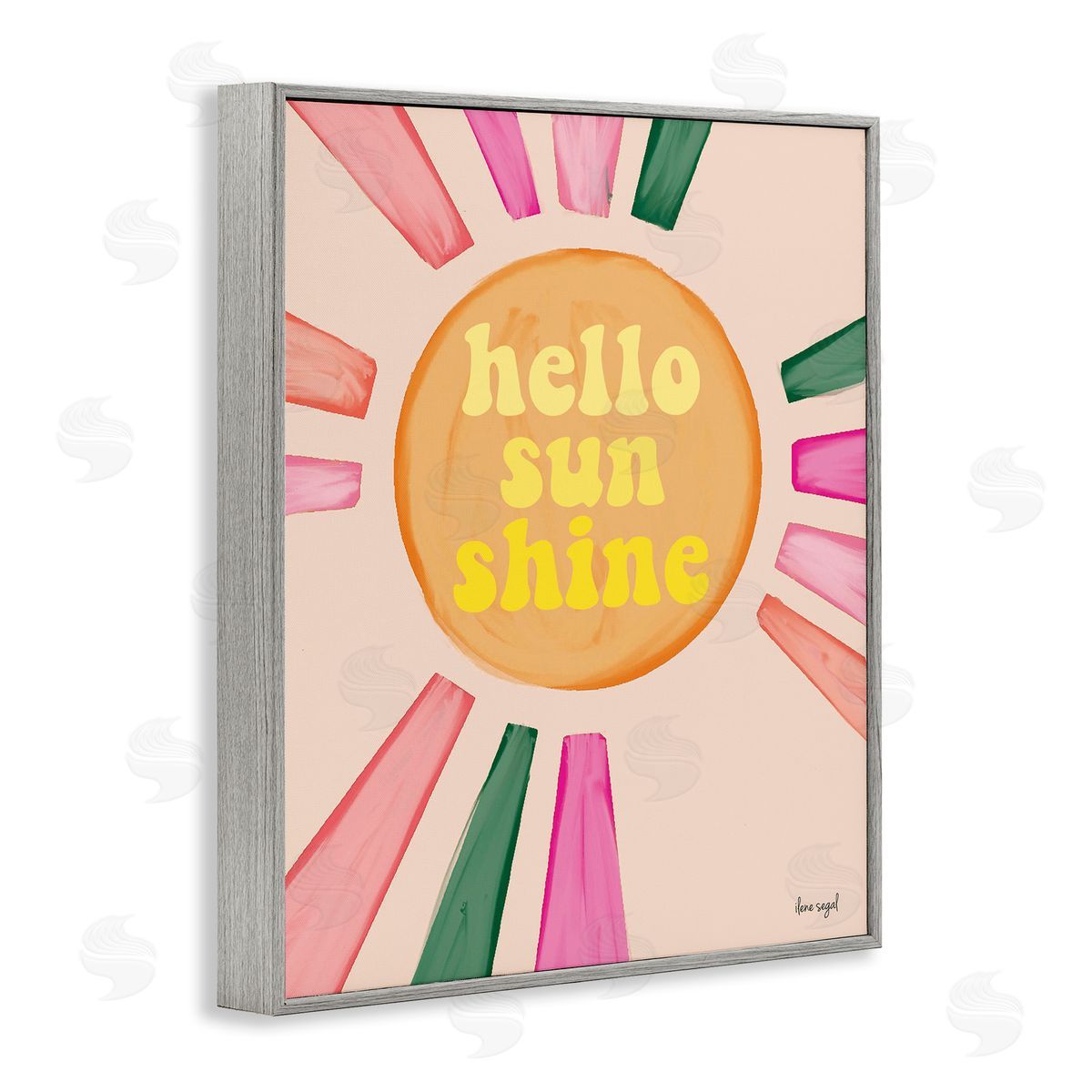 Ilene Segal Hello Sunshine Groovy Text Pink Green Sun Rays Gray Framed Giclee Wall Art Print