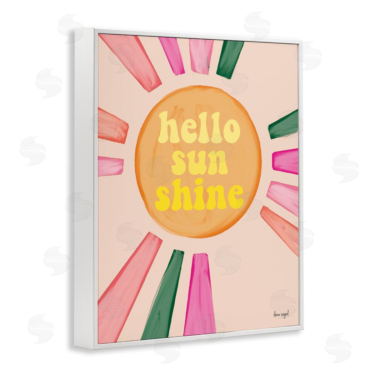 Ilene Segal Hello Sunshine Groovy Text Pink Green Sun Rays White Framed Giclee Wall Art Print