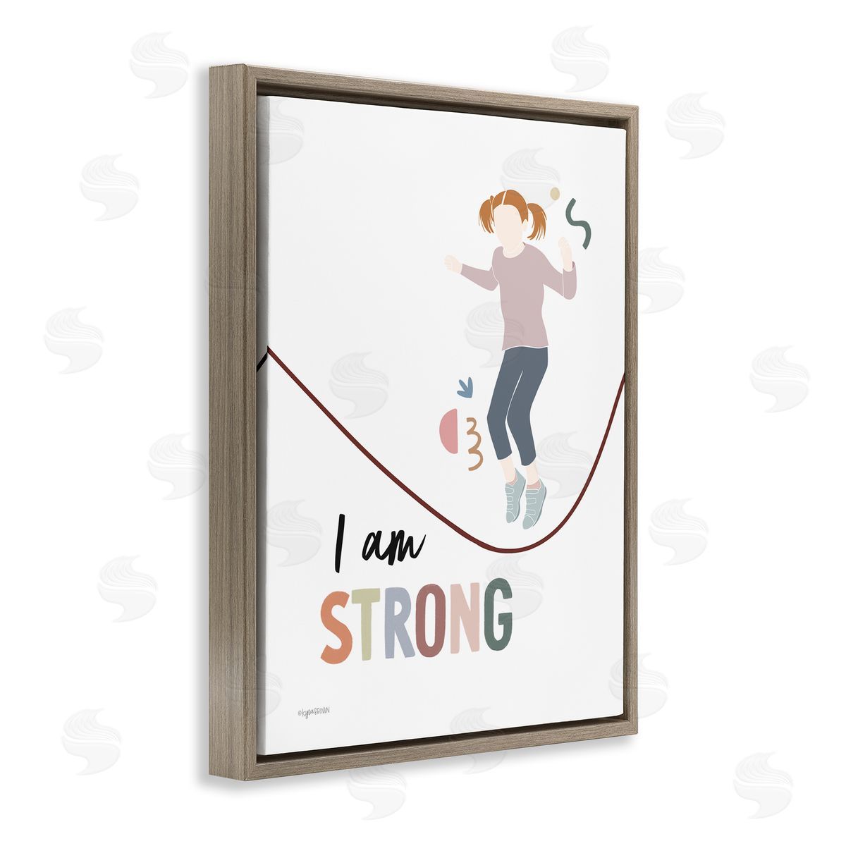 Lady Louises I Am Strong Uplifting Girl Jumping Rope Phrase Brown Floating Frame Canvas Wall Art Print