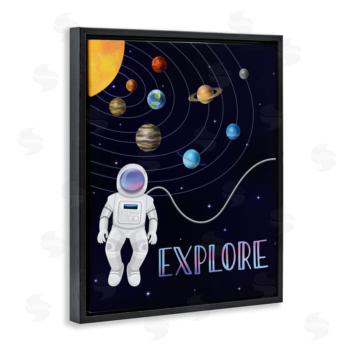 Linda Birtel Explore Outer Space Adventure Astronaut Among Planets Black Floating Frame Canvas Wall Art Print