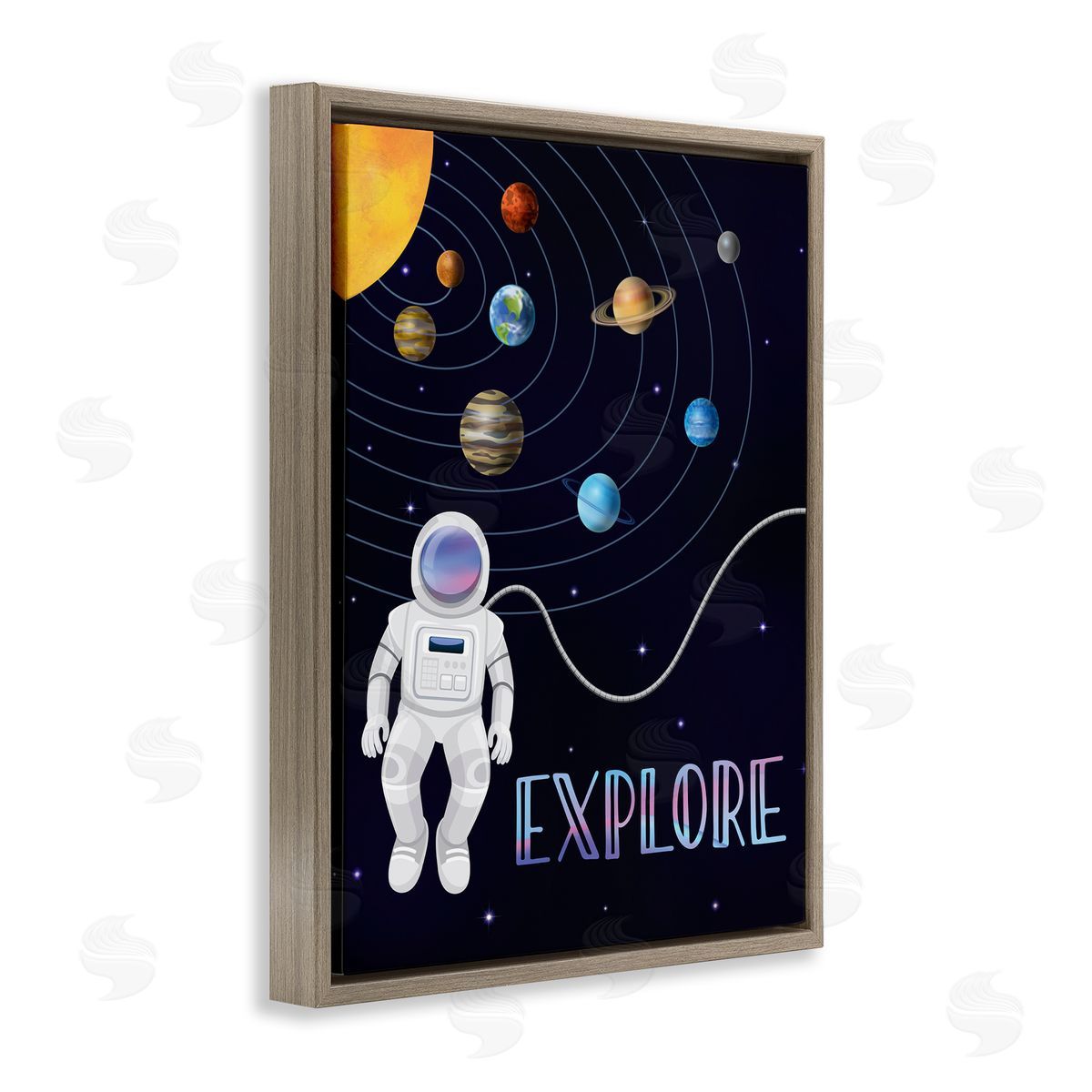 Linda Birtel Explore Outer Space Adventure Astronaut Among Planets Brown Floating Frame Canvas Wall Art Print