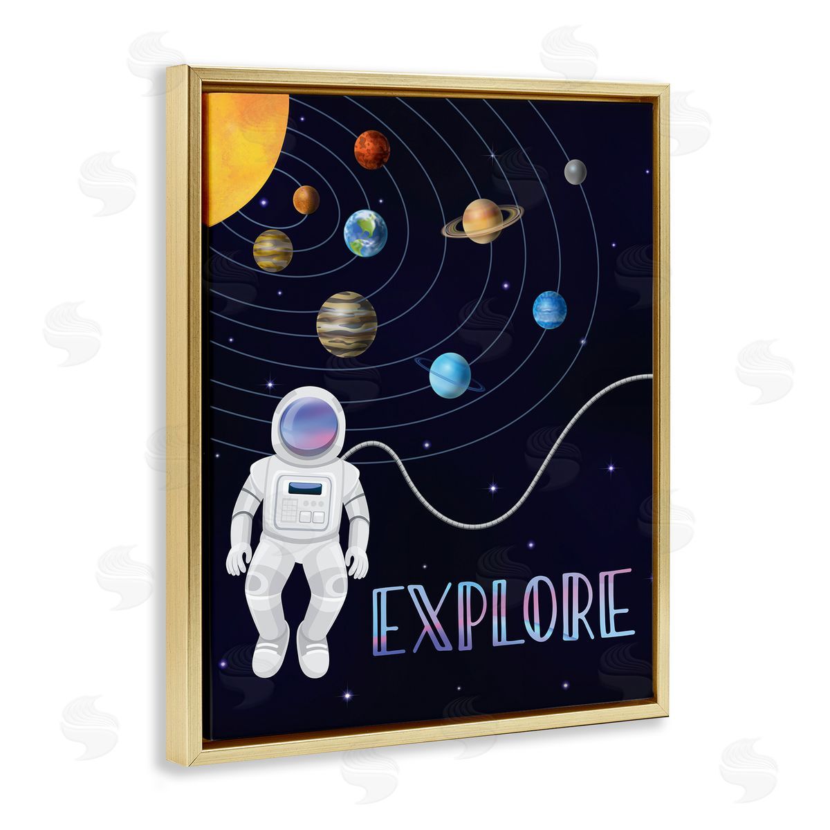 Linda Birtel Explore Outer Space Adventure Astronaut Among Planets Gold Floating Frame Canvas Wall Art Print