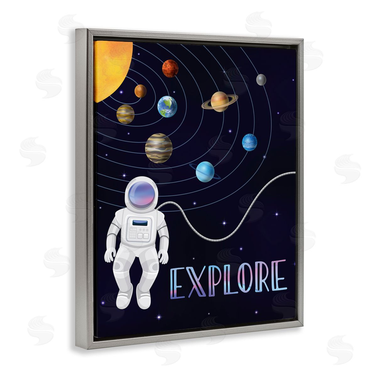 Linda Birtel Explore Outer Space Adventure Astronaut Among Planets Gray Floating Frame Canvas Wall Art Print
