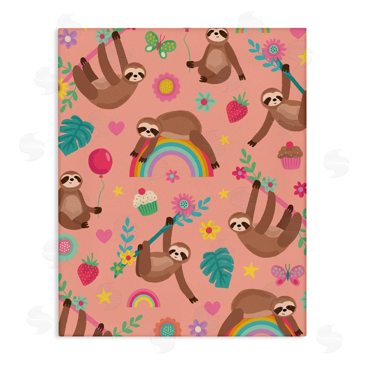 Lisa Perry Whitebutton Sloths Climbing Botanical Branches Whimsical Floral Pattern Stretched Canvas Wall Art Print