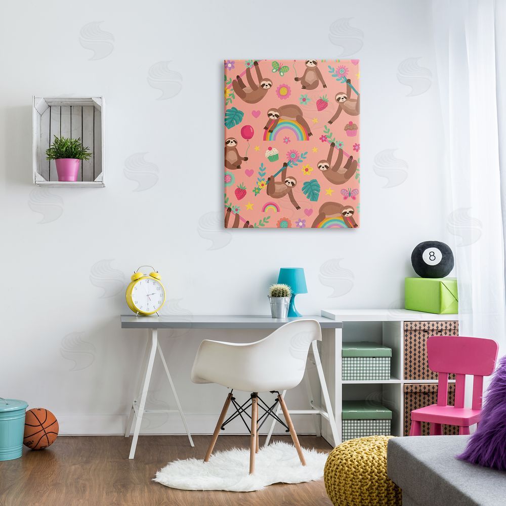 Lisa Perry Whitebutton Sloths Climbing Botanical Branches Whimsical Floral Pattern Canvas Wall Art Print in Room