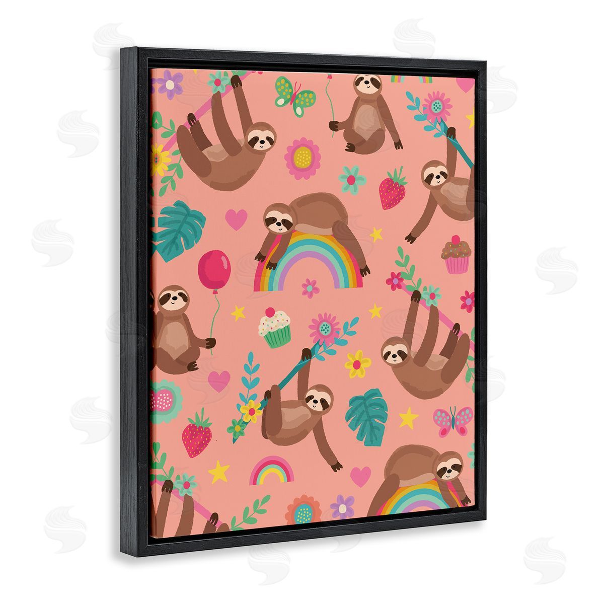 Lisa Perry Whitebutton Sloths Climbing Botanical Branches Whimsical Floral Pattern Black Floating Frame Canvas Wall Art Print