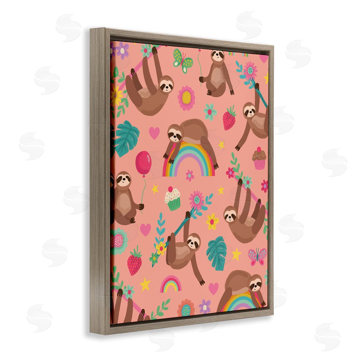 Lisa Perry Whitebutton Sloths Climbing Botanical Branches Whimsical Floral Pattern Brown Floating Frame Canvas Wall Art Print