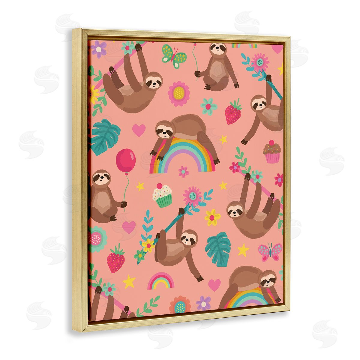 Lisa Perry Whitebutton Sloths Climbing Botanical Branches Whimsical Floral Pattern Gold Floating Frame Canvas Wall Art Print