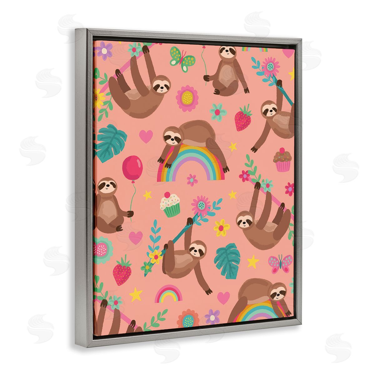 Lisa Perry Whitebutton Sloths Climbing Botanical Branches Whimsical Floral Pattern Gray Floating Frame Canvas Wall Art Print
