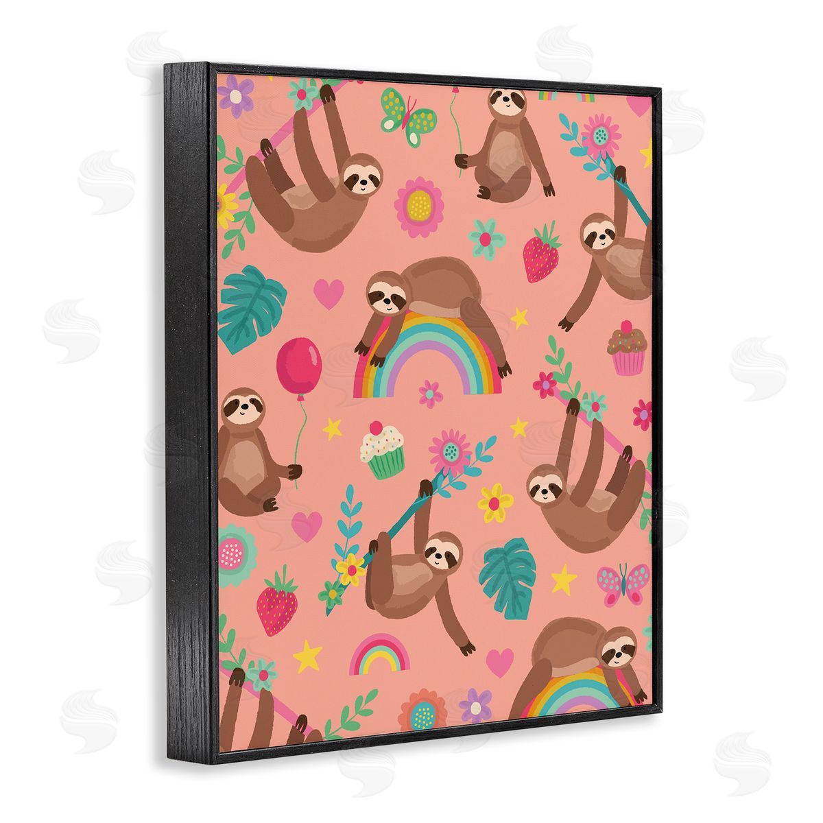 Lisa Perry Whitebutton Sloths Climbing Botanical Branches Whimsical Floral Pattern Black Framed Giclee Wall Art Print