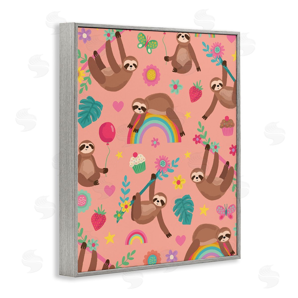 Lisa Perry Whitebutton Sloths Climbing Botanical Branches Whimsical Floral Pattern Gray Framed Giclee Wall Art Print