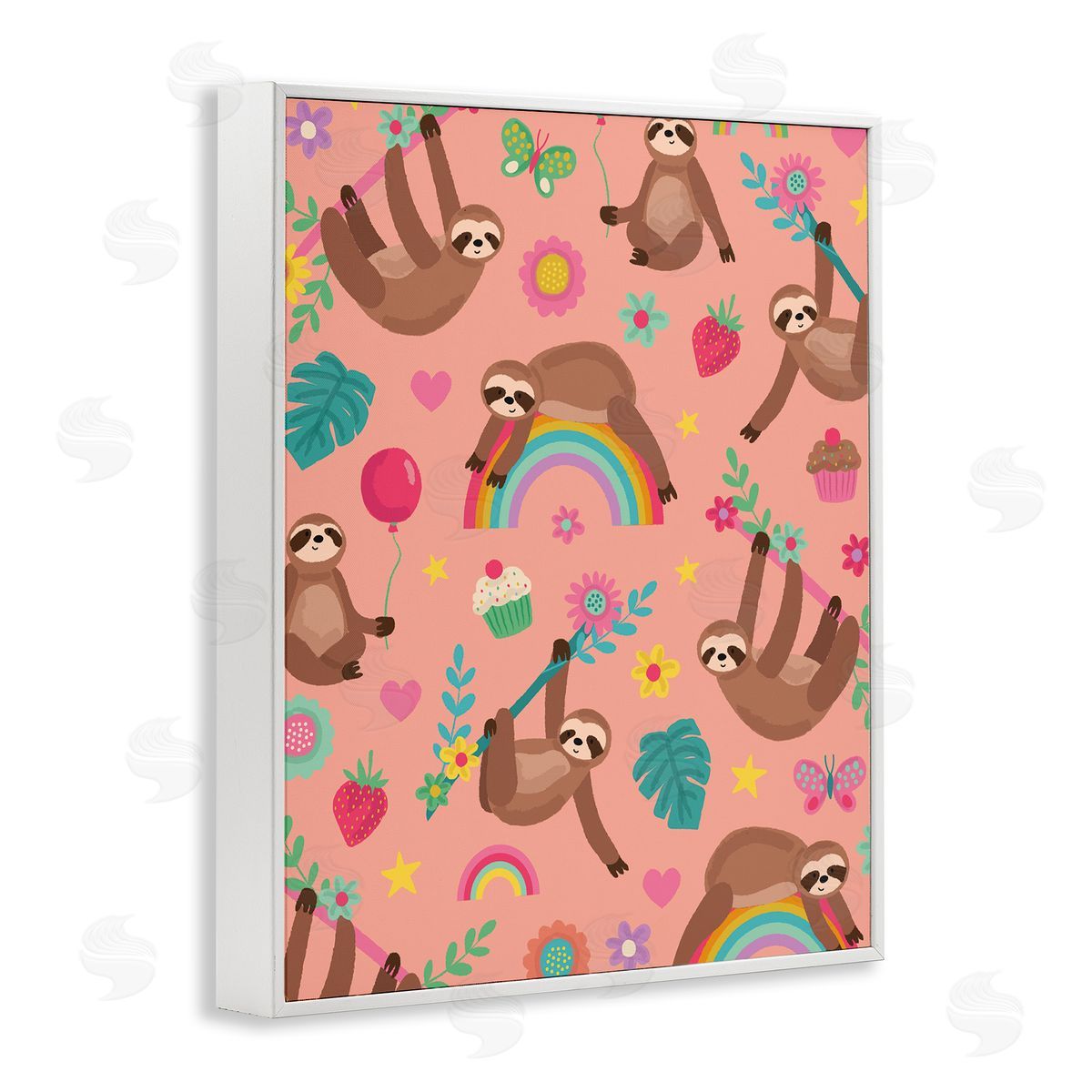 Lisa Perry Whitebutton Sloths Climbing Botanical Branches Whimsical Floral Pattern White Framed Giclee Wall Art Print