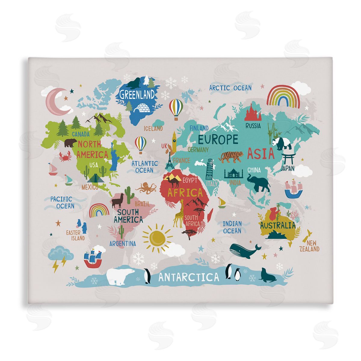 Lisa Perry Whitebutton Native Animals World Map Educational Wildlife Atlas Stretched Canvas Wall Art Print