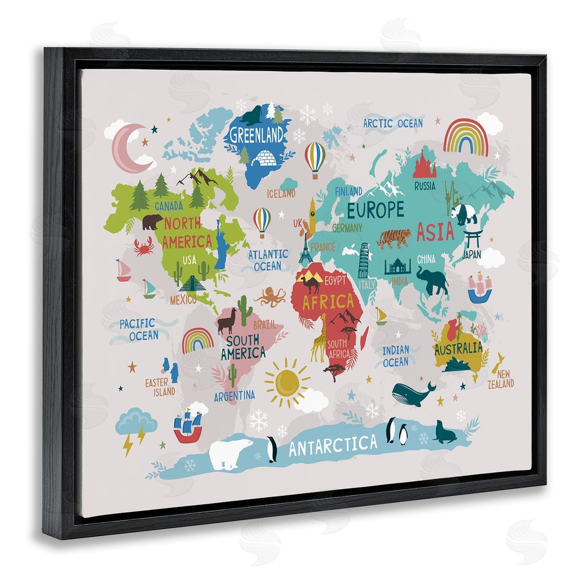 Lisa Perry Whitebutton Native Animals World Map Educational Wildlife Atlas Black Floating Frame Canvas Wall Art Print