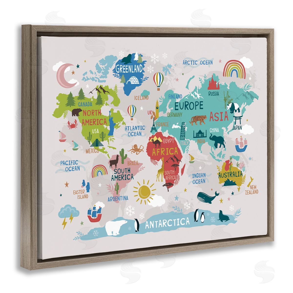 Lisa Perry Whitebutton Native Animals World Map Educational Wildlife Atlas Brown Floating Frame Canvas Wall Art Print