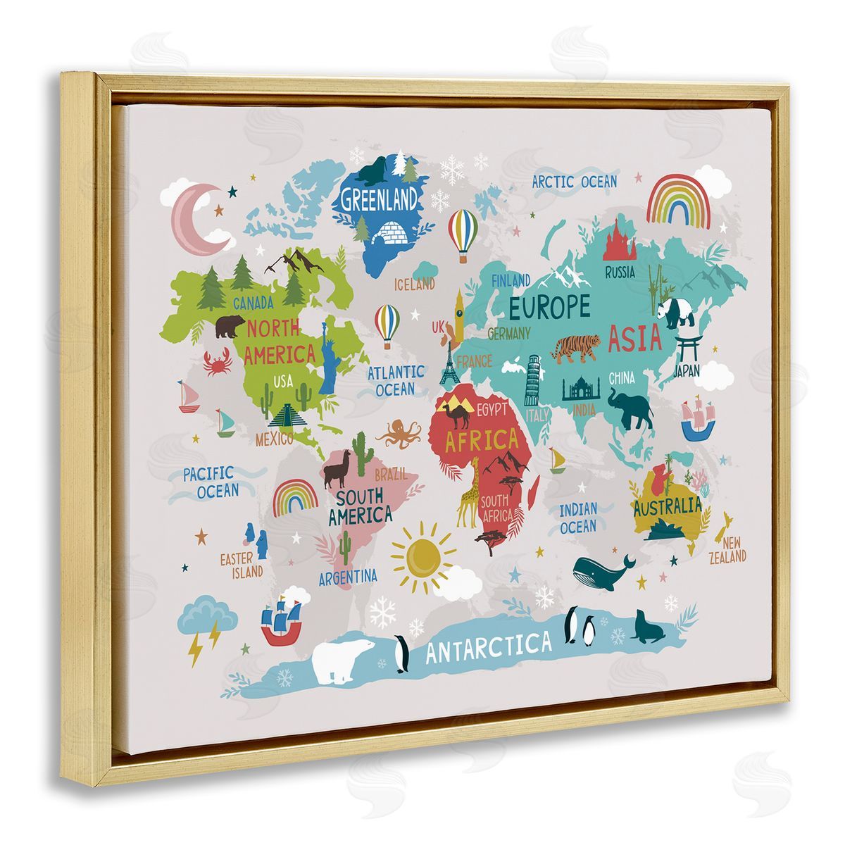 Lisa Perry Whitebutton Native Animals World Map Educational Wildlife Atlas Gold Floating Frame Canvas Wall Art Print