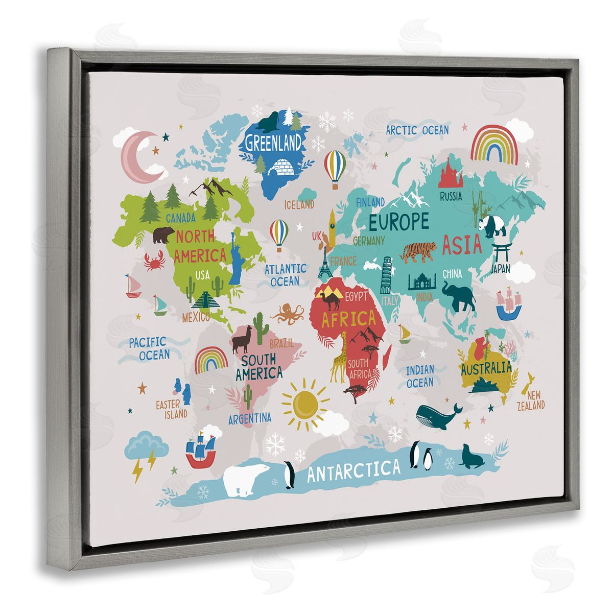 Lisa Perry Whitebutton Native Animals World Map Educational Wildlife Atlas Gray Floating Frame Canvas Wall Art Print