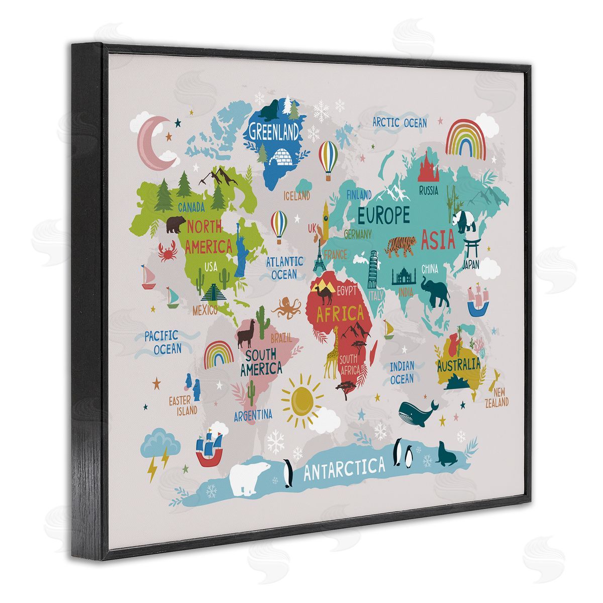 Lisa Perry Whitebutton Native Animals World Map Educational Wildlife Atlas Black Framed Giclee Wall Art Print