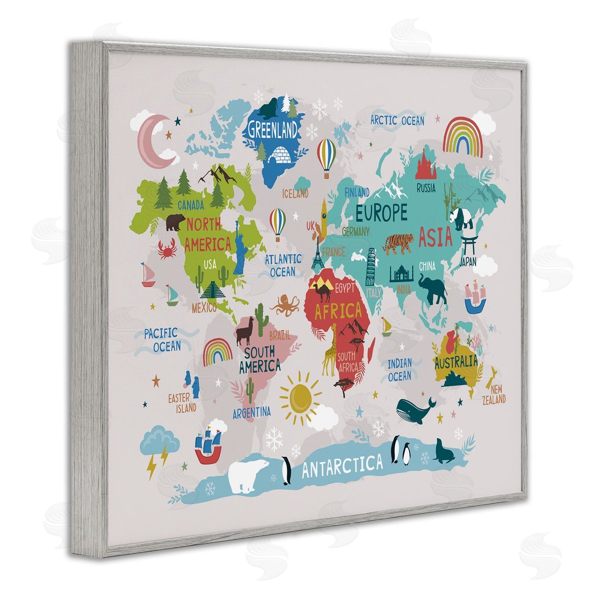 Lisa Perry Whitebutton Native Animals World Map Educational Wildlife Atlas Gray Framed Giclee Wall Art Print
