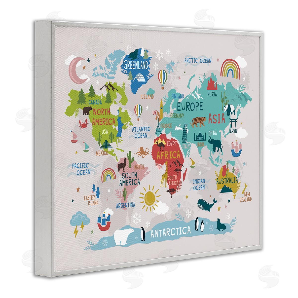 Lisa Perry Whitebutton Native Animals World Map Educational Wildlife Atlas White Framed Giclee Wall Art Print
