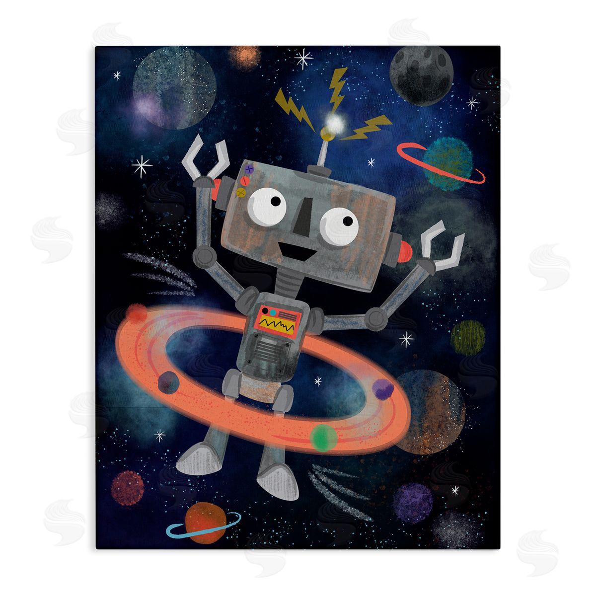 Lisa Perry Whitebutton Quirky Robot Outer Space Universe Surrounding Planets Stretched Canvas Wall Art Print