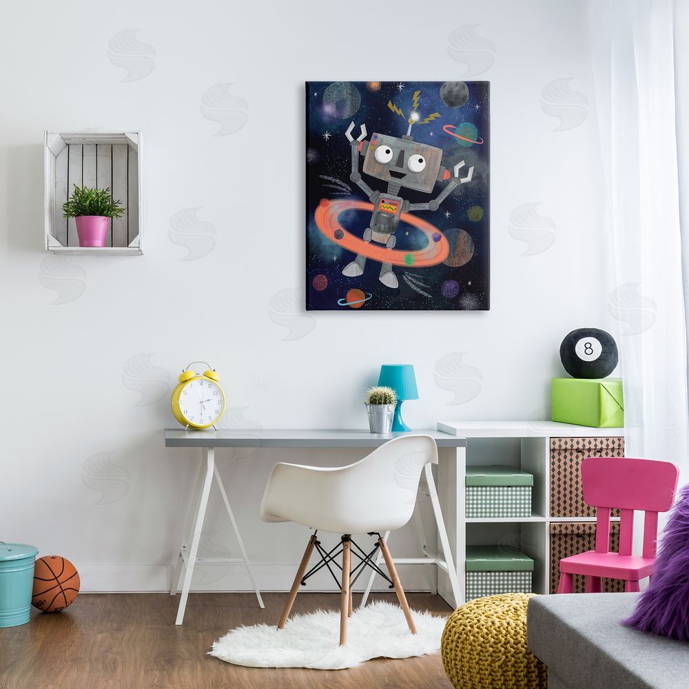 Lisa Perry Whitebutton Quirky Robot Outer Space Universe Surrounding Planets Canvas Wall Art Print in Room