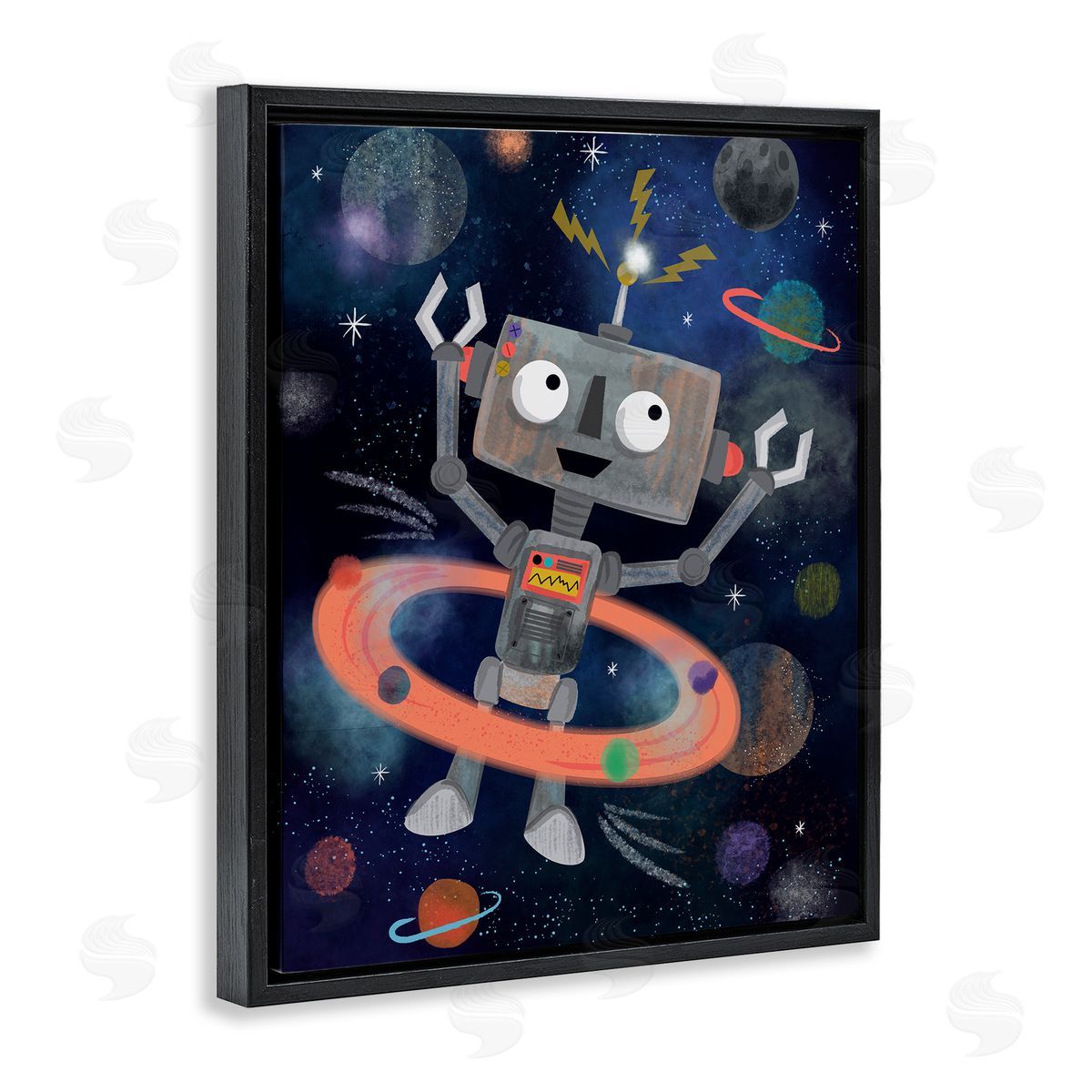 Lisa Perry Whitebutton Quirky Robot Outer Space Universe Surrounding Planets Black Floating Frame Canvas Wall Art Print