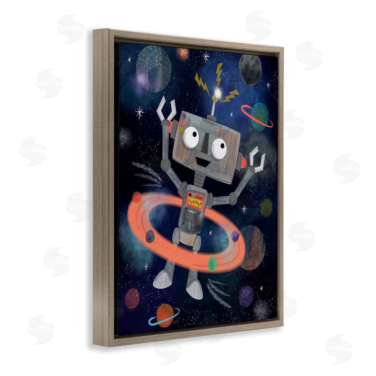 Lisa Perry Whitebutton Quirky Robot Outer Space Universe Surrounding Planets Brown Floating Frame Canvas Wall Art Print