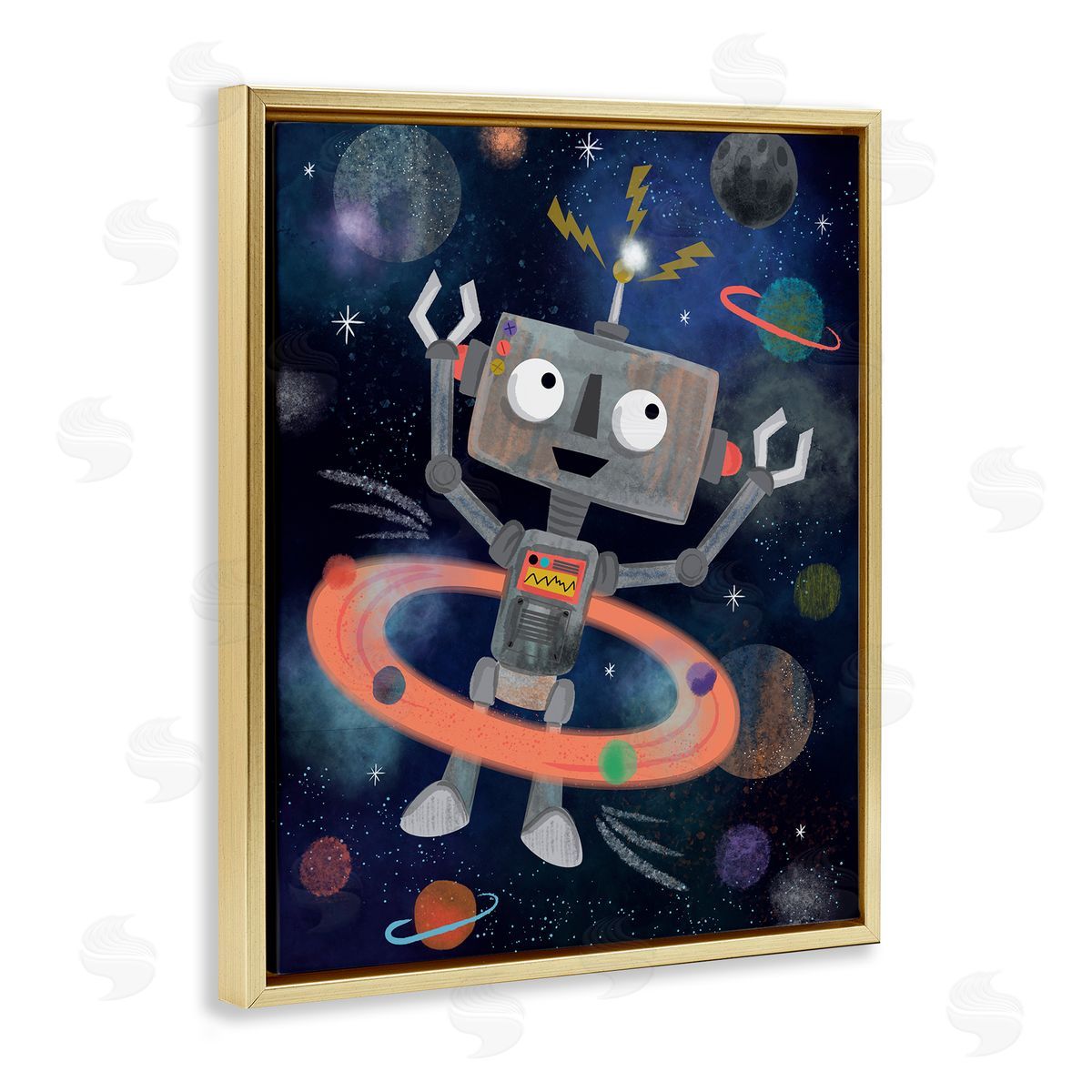Lisa Perry Whitebutton Quirky Robot Outer Space Universe Surrounding Planets Gold Floating Frame Canvas Wall Art Print
