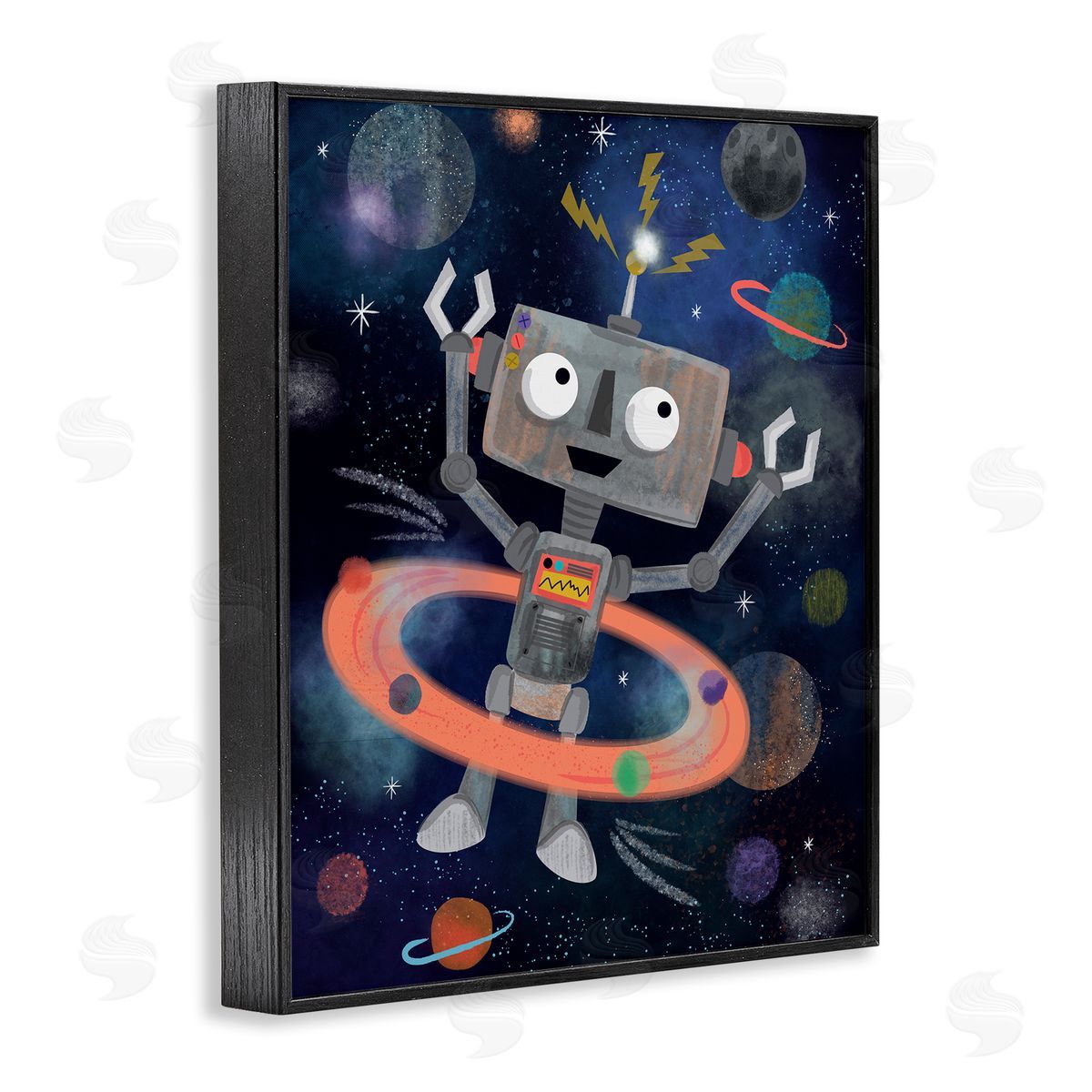 Lisa Perry Whitebutton Quirky Robot Outer Space Universe Surrounding Planets Black Framed Giclee Wall Art Print