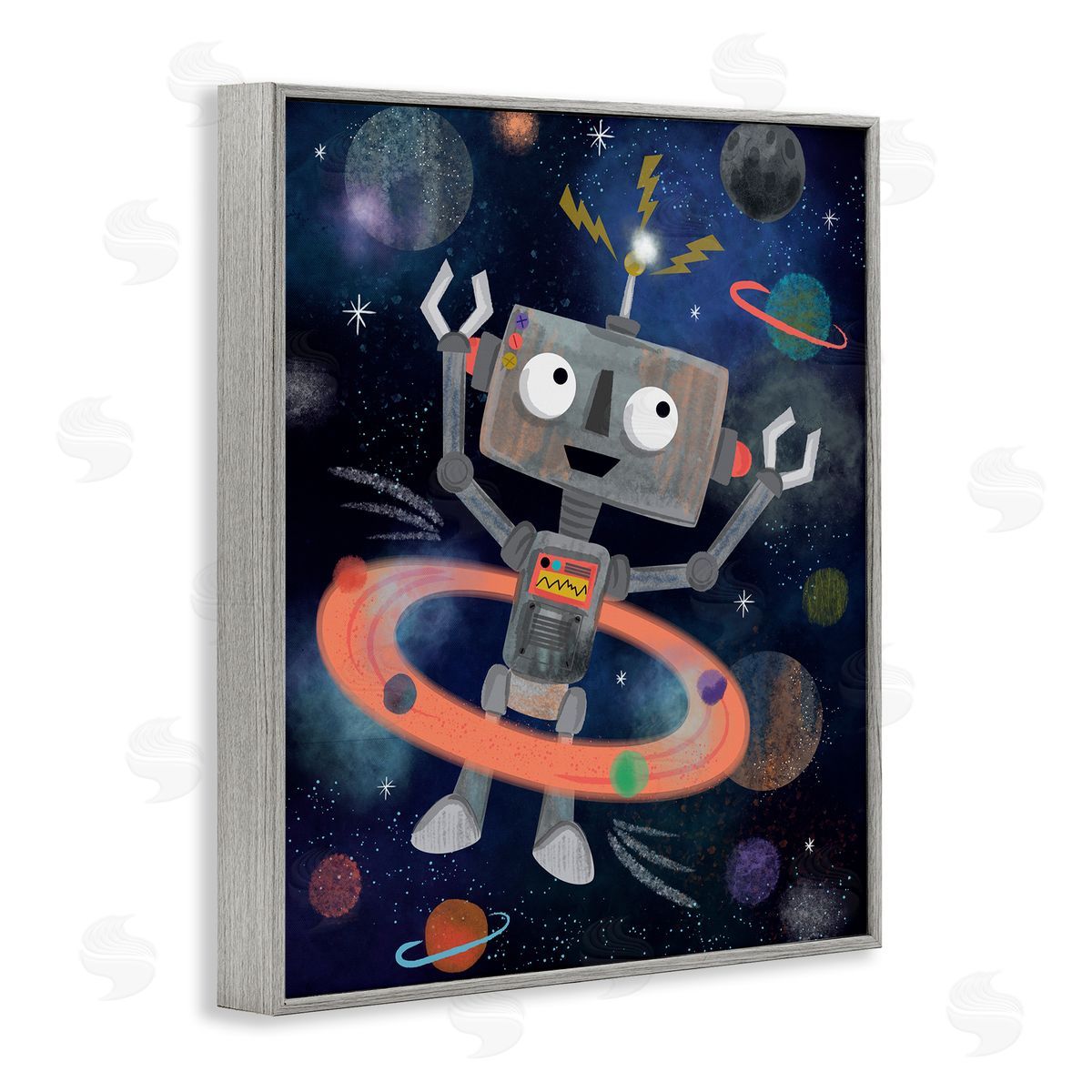 Lisa Perry Whitebutton Quirky Robot Outer Space Universe Surrounding Planets Gray Framed Giclee Wall Art Print