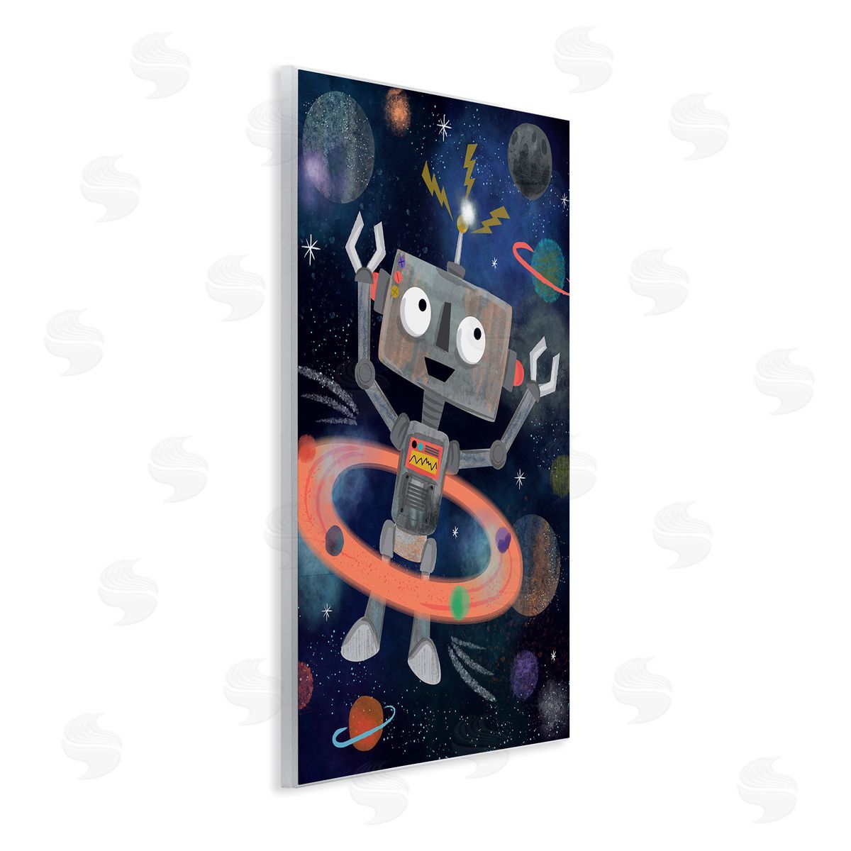 Lisa Perry Whitebutton Quirky Robot Outer Space Universe Surrounding Planets Wall Plaque Art Print