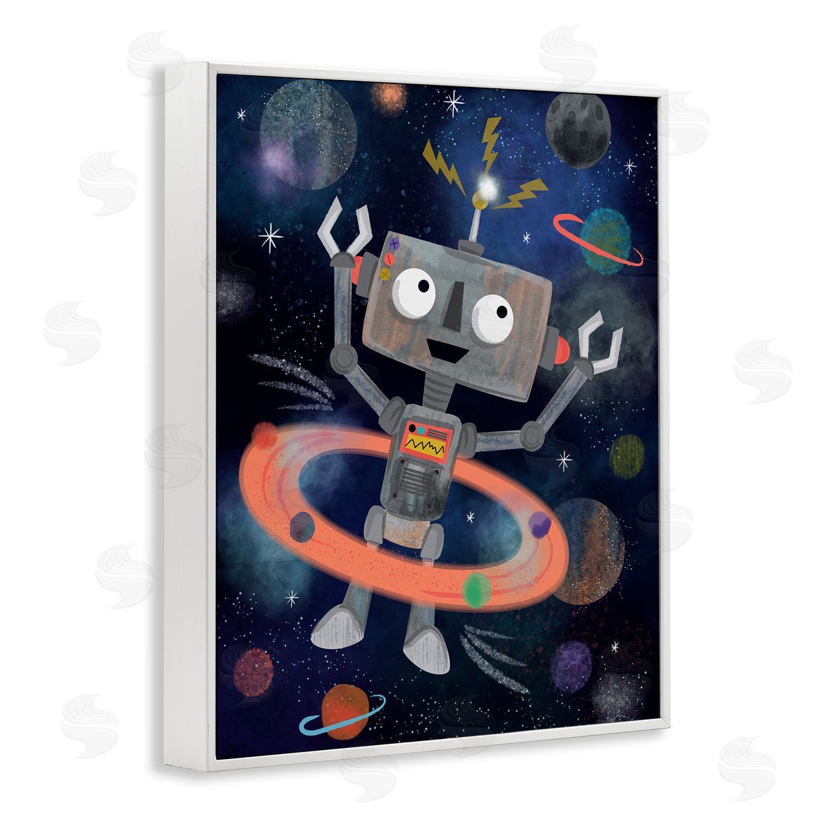 Lisa Perry Whitebutton Quirky Robot Outer Space Universe Surrounding Planets White Framed Giclee Wall Art Print