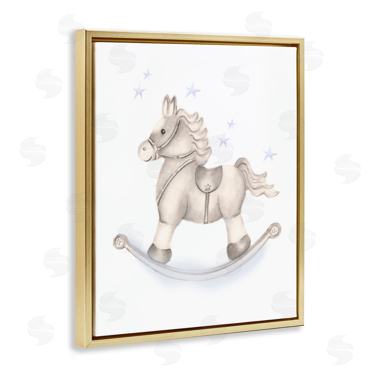 Studio Q Gentle Rocking Horse Blue Stars Nursery Playroom  Gold Floating Frame Canvas Wall Art Print