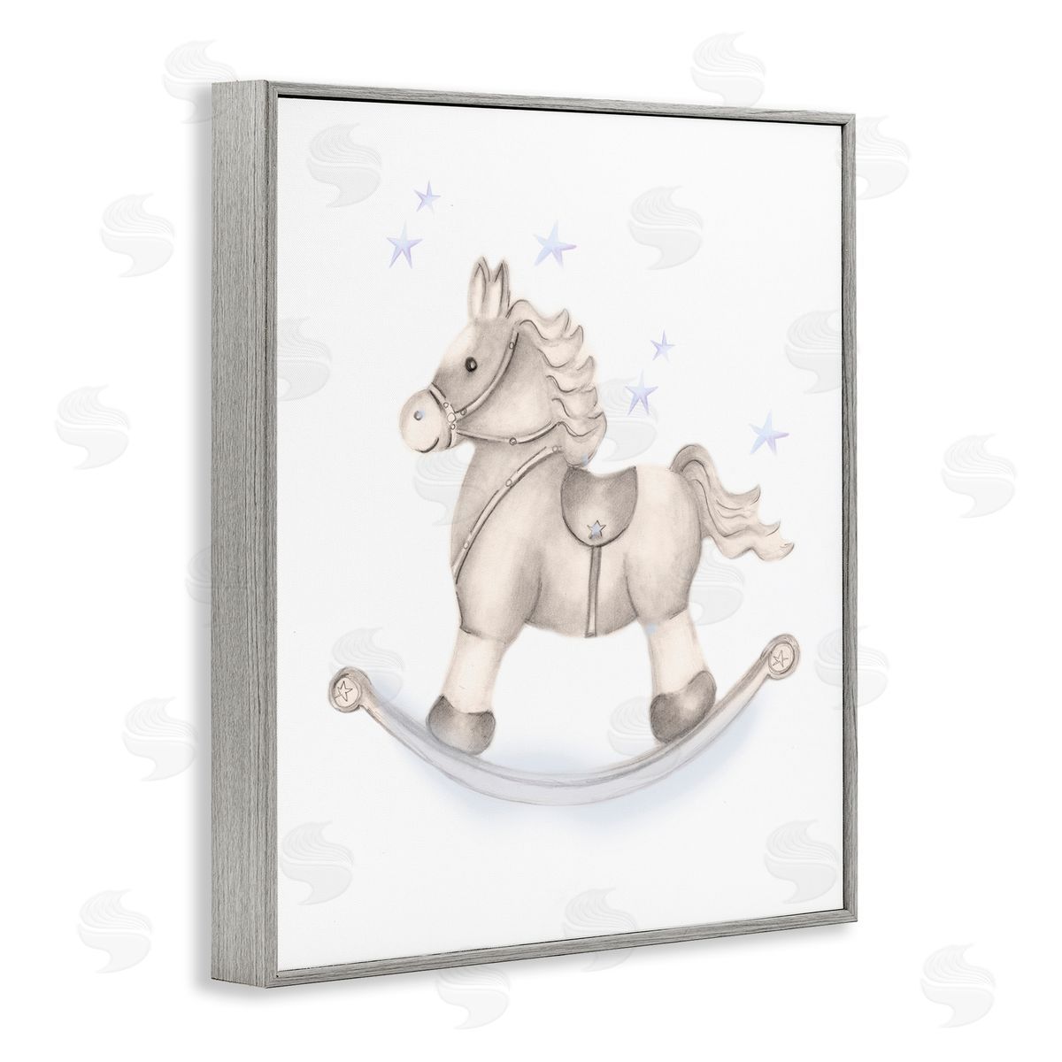 Studio Q Gentle Rocking Horse Blue Stars Nursery Playroom  Gray Framed Giclee Wall Art Print