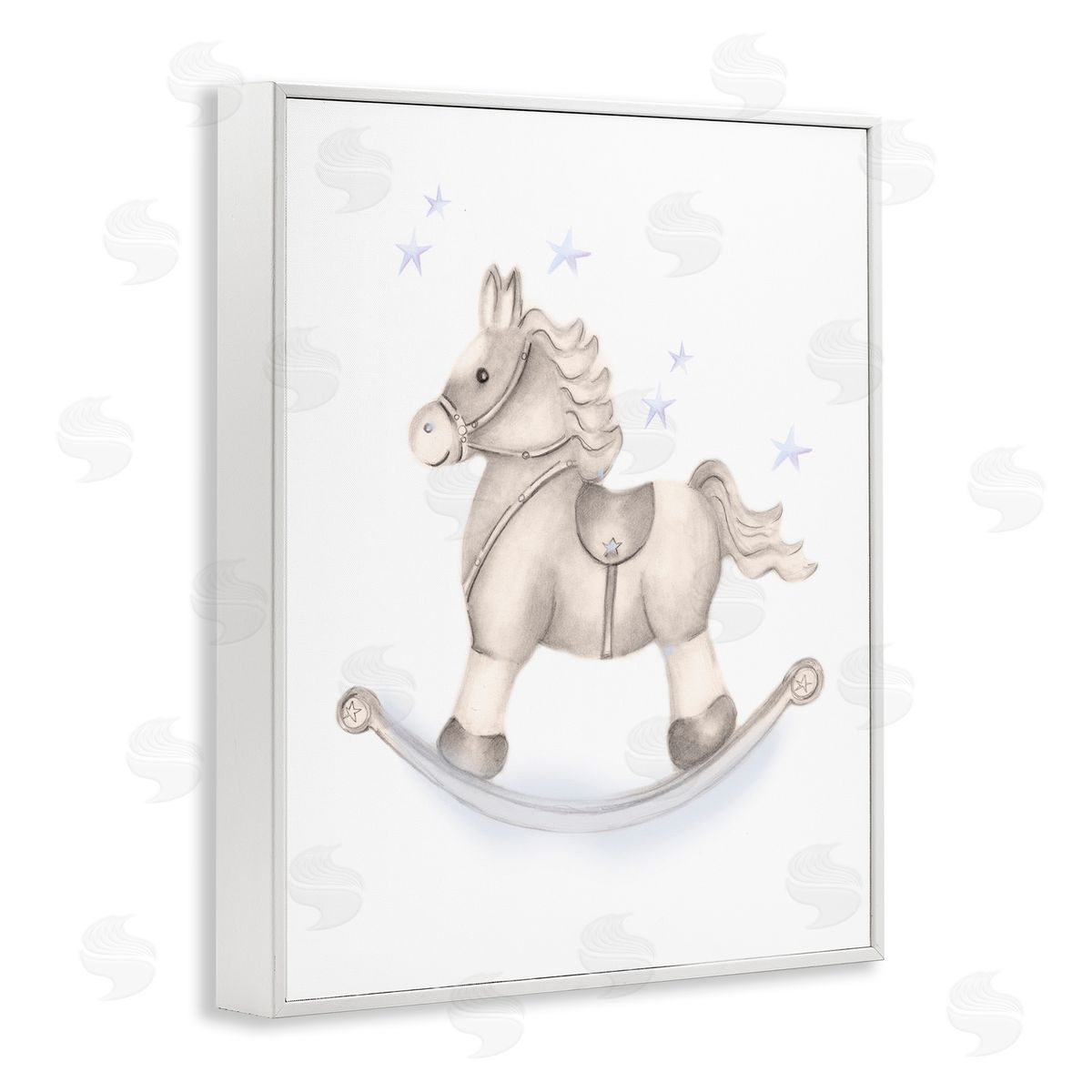Studio Q Gentle Rocking Horse Blue Stars Nursery Playroom  White Framed Giclee Wall Art Print