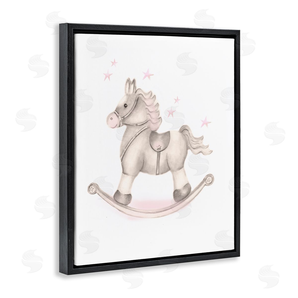Studio Q Pink Rocking Horse Kids Nursery Toy Illustration Black Floating Frame Canvas Wall Art Print