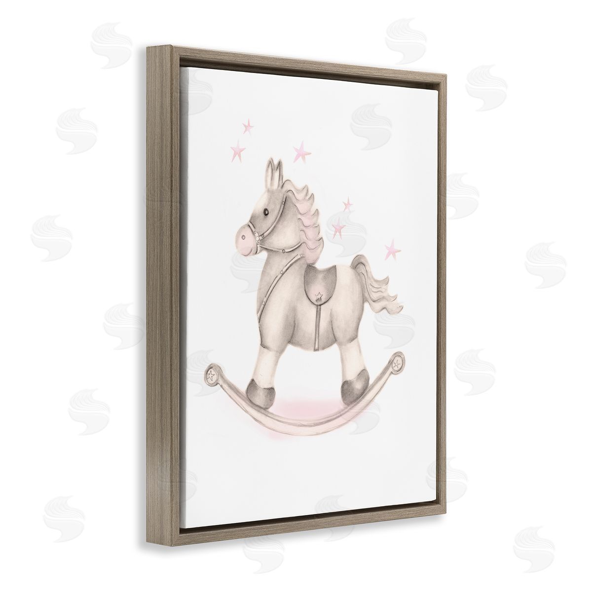 Studio Q Pink Rocking Horse Kids Nursery Toy Illustration Brown Floating Frame Canvas Wall Art Print