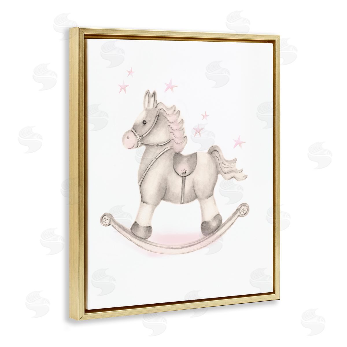 Studio Q Pink Rocking Horse Kids Nursery Toy Illustration Gold Floating Frame Canvas Wall Art Print