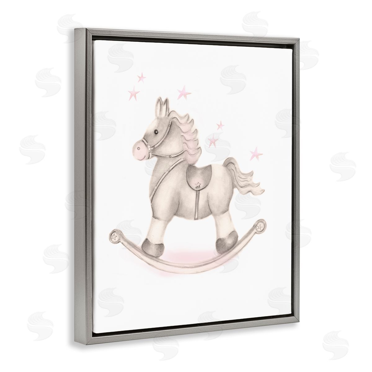 Studio Q Pink Rocking Horse Kids Nursery Toy Illustration Gray Floating Frame Canvas Wall Art Print