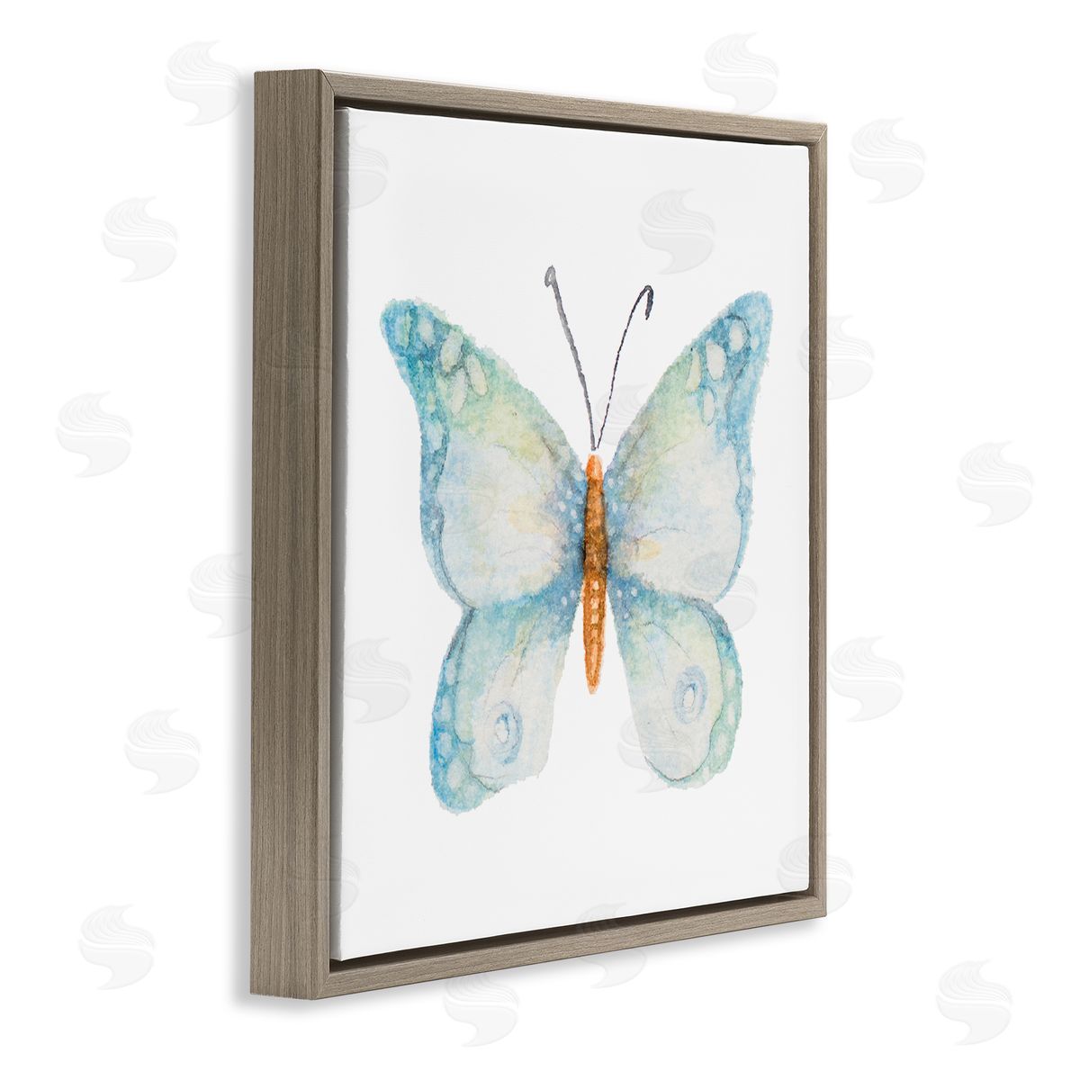 Janice Gaynor Elegant Blue Butterfly Insect Animal Watercolor Effect Brown Floating Frame Canvas Wall Art Print