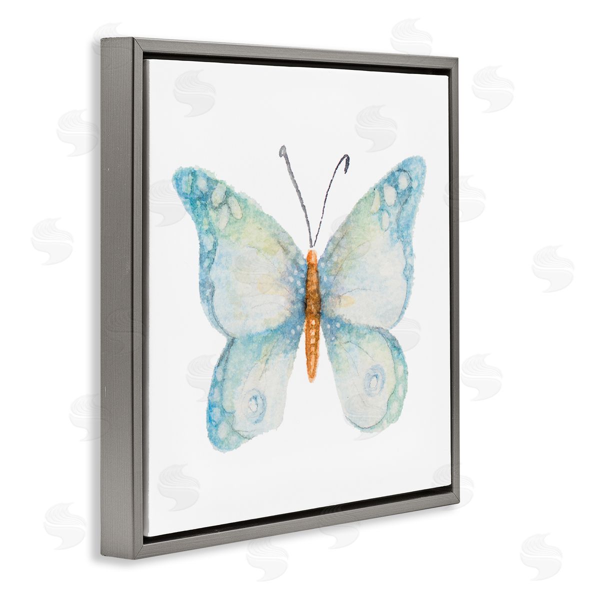 Janice Gaynor Elegant Blue Butterfly Insect Animal Watercolor Effect Gray Floating Frame Canvas Wall Art Print