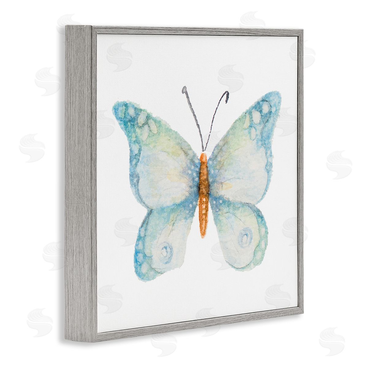 Janice Gaynor Elegant Blue Butterfly Insect Animal Watercolor Effect Gray Framed Glicee Wall Art Print