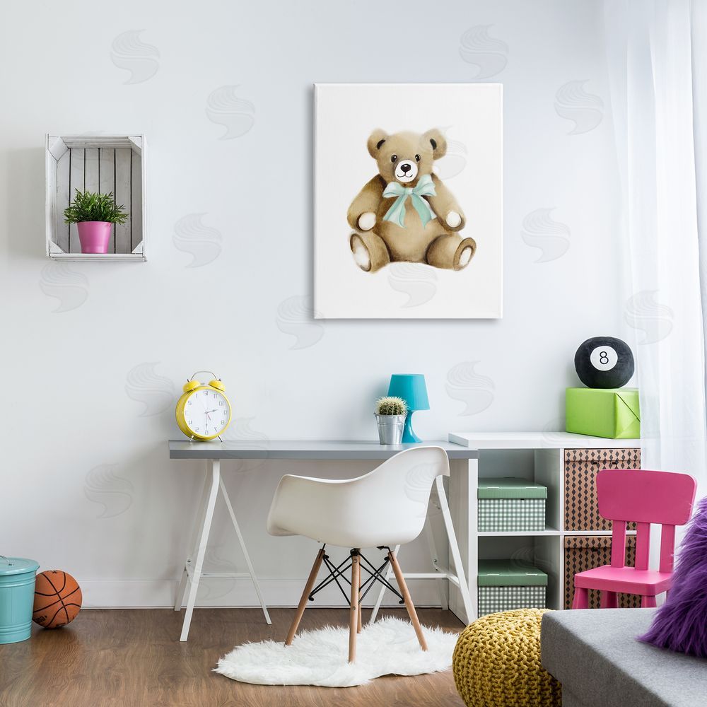 Studio Q Smiling Teddy Bear Bow Stuffed Animal Sitting Canvas Wall Art Print in Room