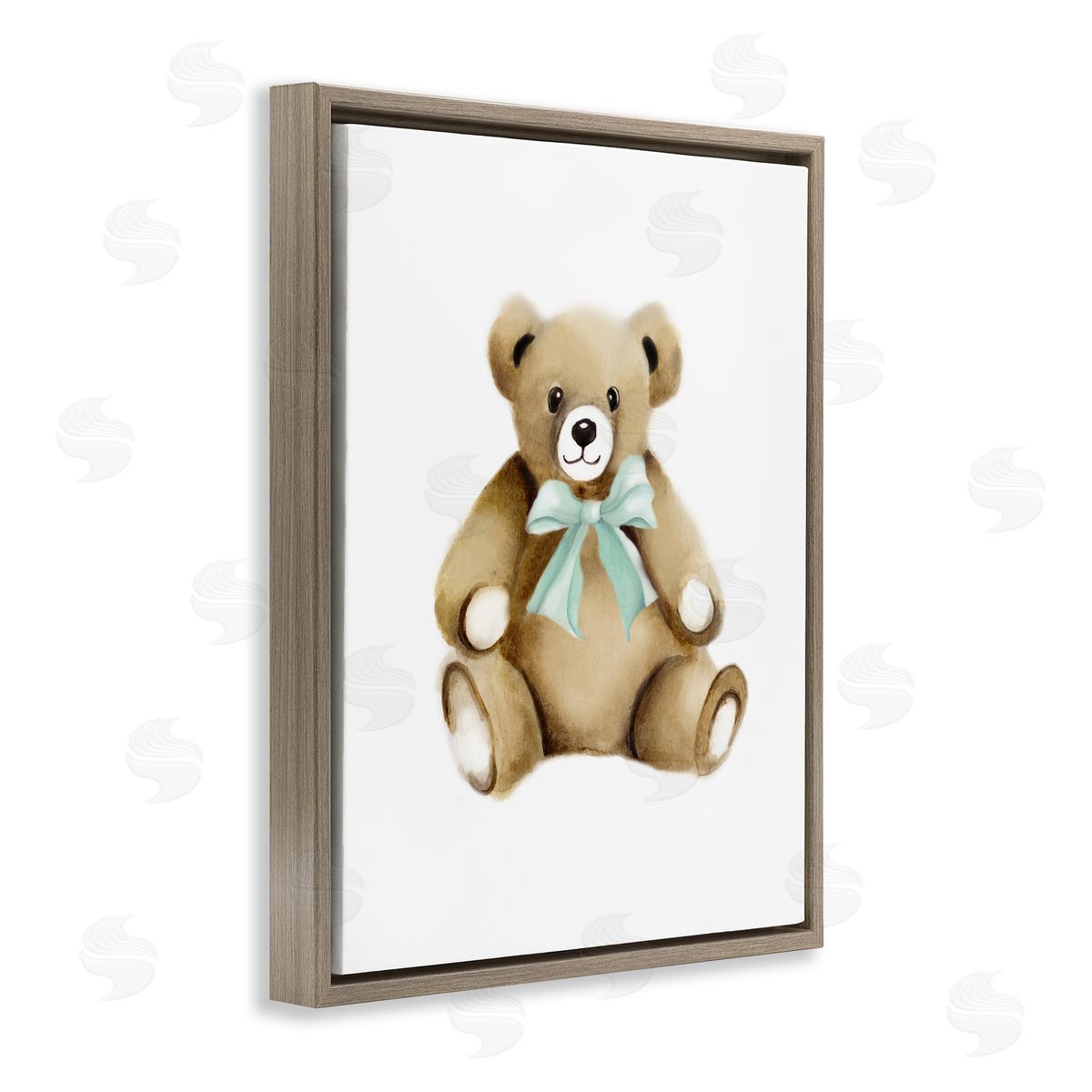 Studio Q Smiling Teddy Bear Bow Stuffed Animal Sitting Brown Floating Frame Canvas Wall Art Print
