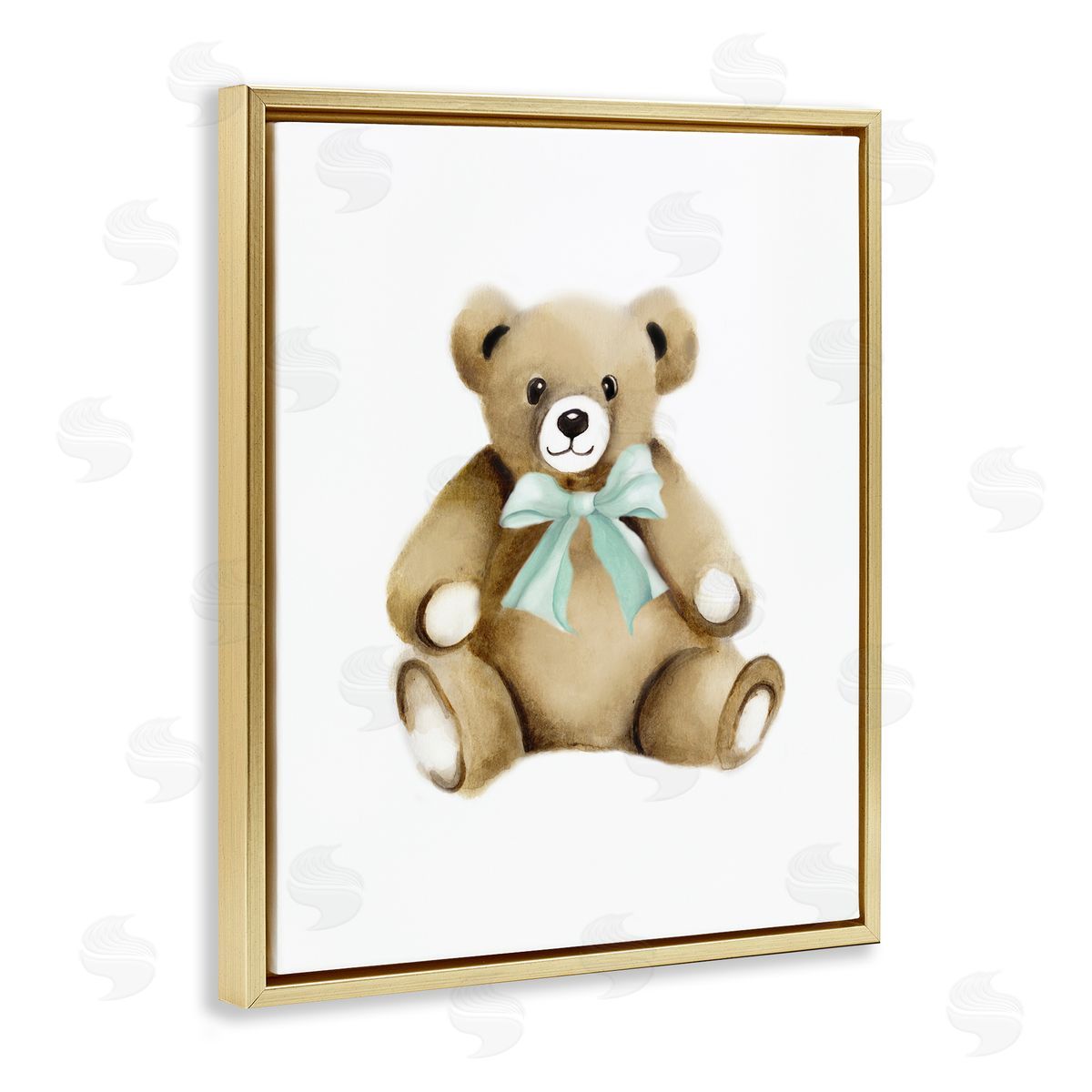 Studio Q Smiling Teddy Bear Bow Stuffed Animal Sitting Gold Floating Frame Canvas Wall Art Print