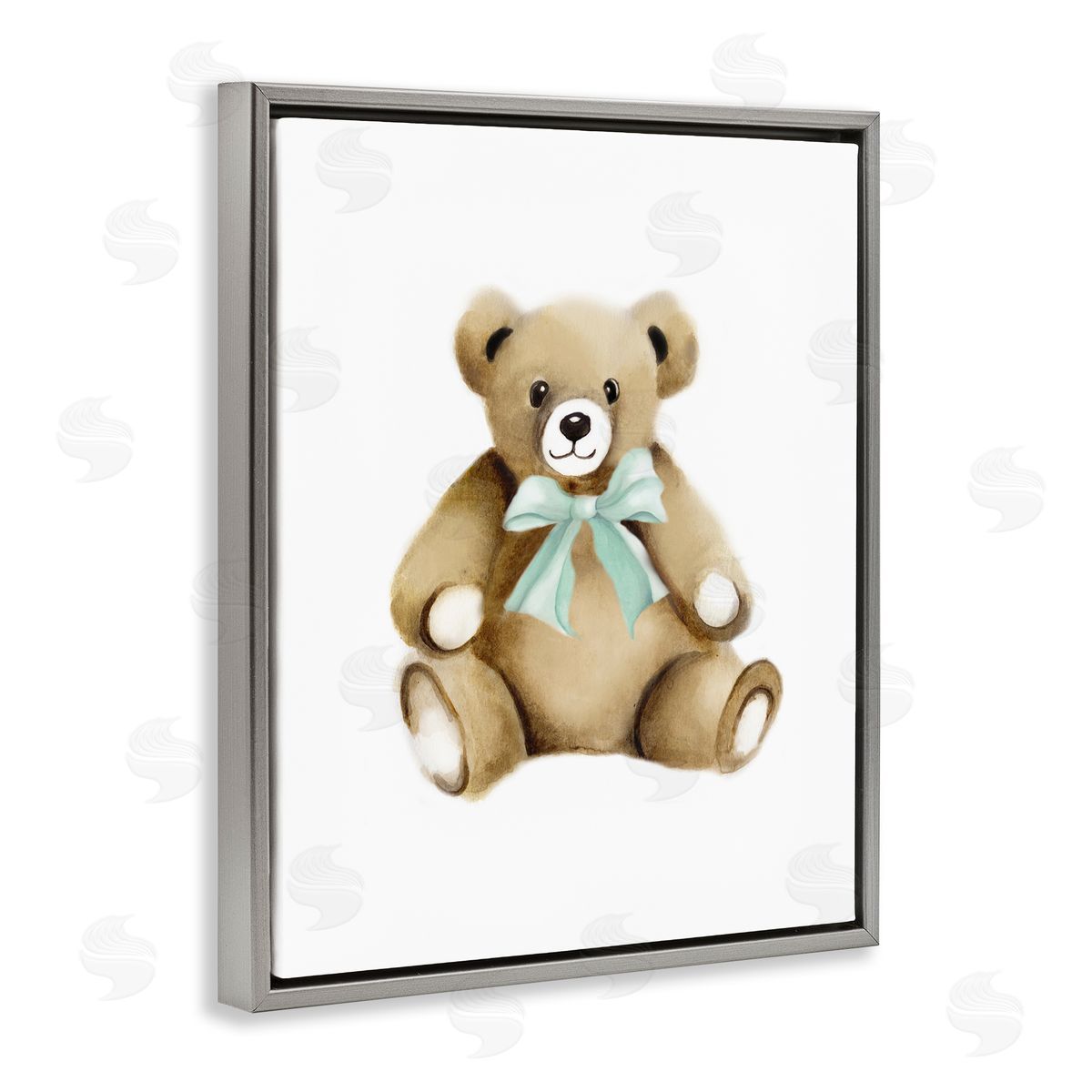 Studio Q Smiling Teddy Bear Bow Stuffed Animal Sitting Gray Floating Frame Canvas Wall Art Print