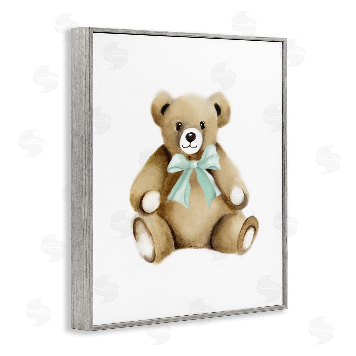 Studio Q Smiling Teddy Bear Bow Stuffed Animal Sitting Gray Framed Giclee Wall Art Print